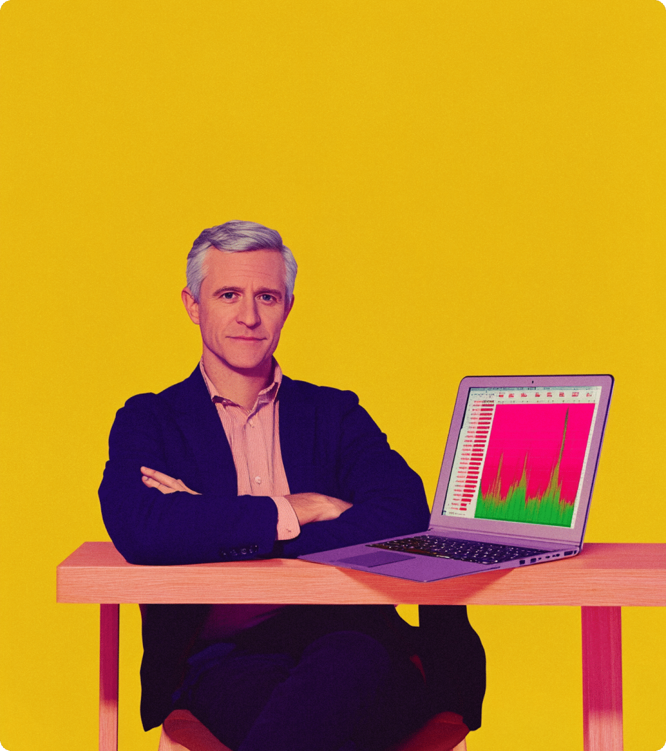Portrait éditorial bras croisés devant un écran de données, illustration du traitement et extraction de données Mink