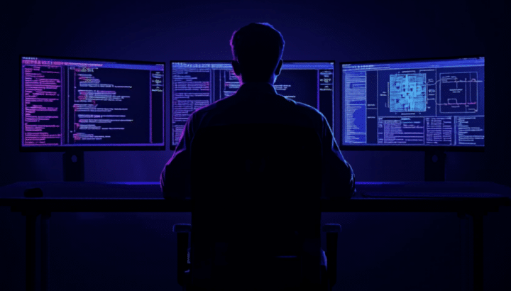 Silhouette d'une personne de dos face à trois écrans affichant du code et un schéma technique, ambiance sombre bleu et violet