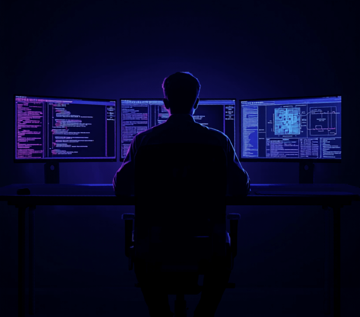 Silhouette d'une personne de dos face à trois écrans affichant du code et un schéma technique, ambiance sombre bleu et violet