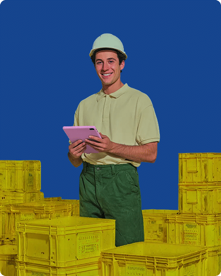 Illustration d'un opérateur logistique avec tablette tactile devant des bacs de manutention, projet Fraîcheur de Paris pour Mink