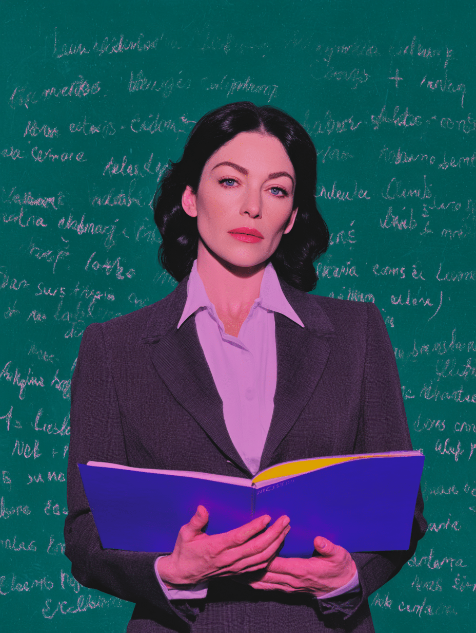 Portrait éditorial stylisé d'une femme devant un tableau noir manuscrit, illustration du projet Vauban pour Mink