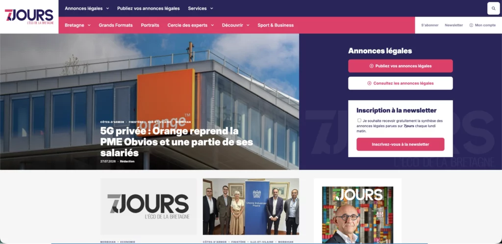 Page d'accueil 7Jours avec article sur la reprise de la PME Obvios par Orange et bloc annonces légales
