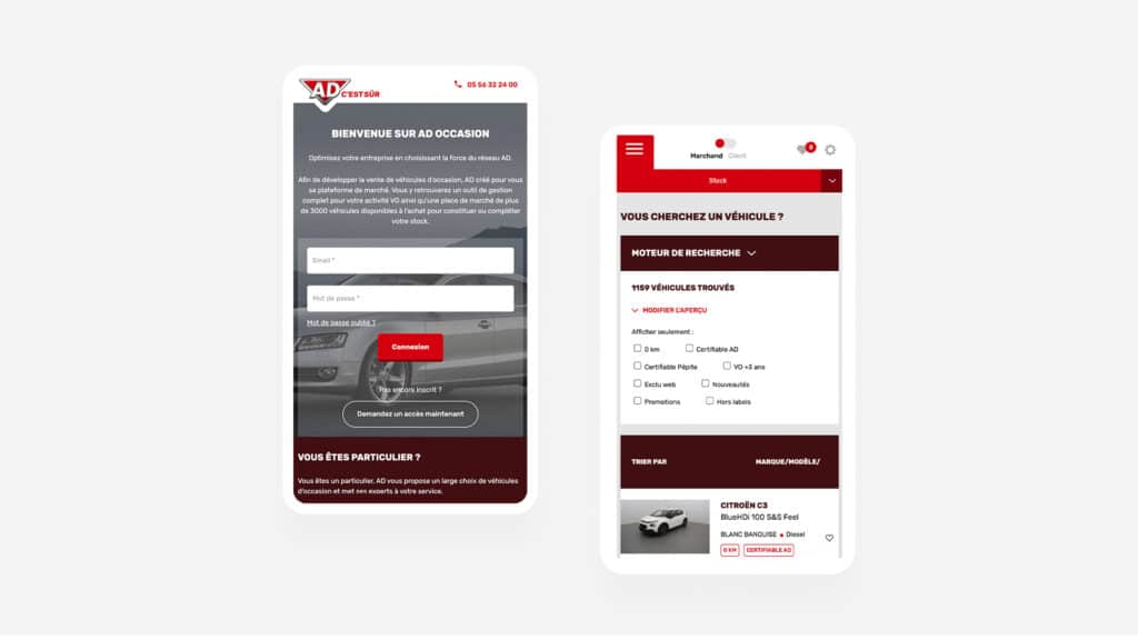 Tablette affichant la page de connexion et smartphone affichant la recherche de véhicules AD Occasion