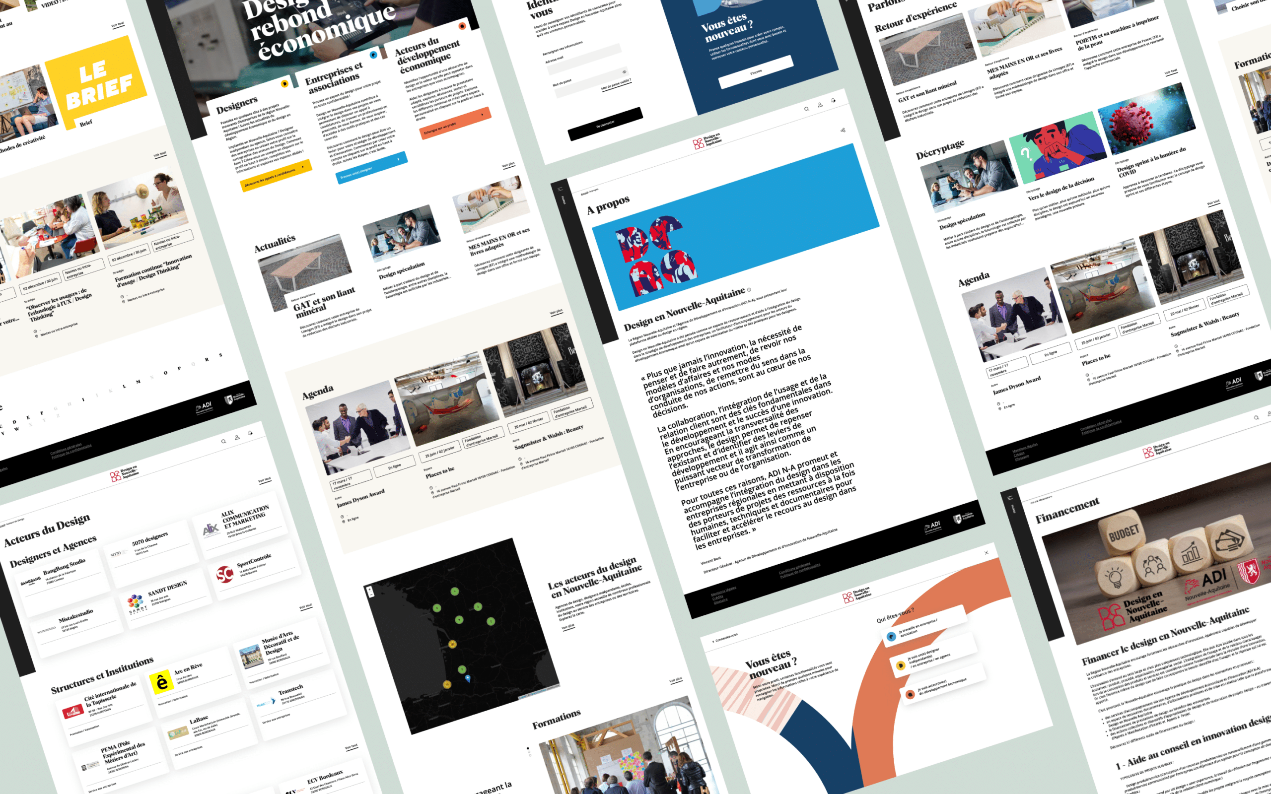 Collage de pages du portail : brief, acteurs du design, financement, agenda, à propos