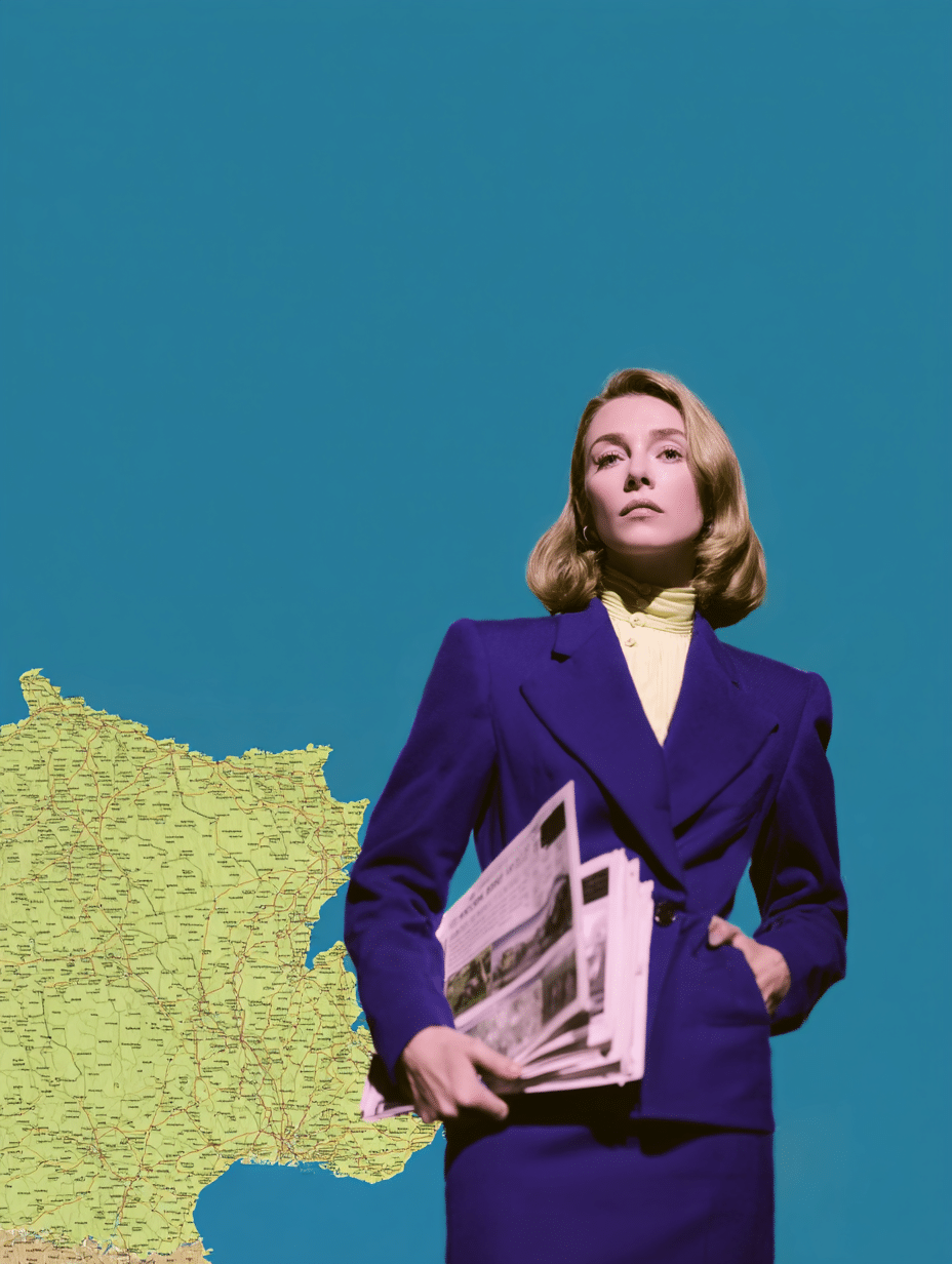Femme en blazer violet tenant un journal devant une carte de la Nouvelle-Aquitaine, fond bleu-vert