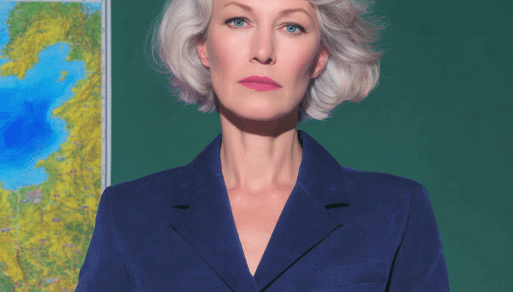 Femme aux cheveux gris en blazer bleu tenant une tablette, carte de région, fond vert et magenta