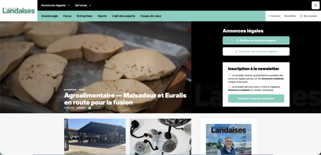 Page d'accueil des Annonces Landaises avec article sur la fusion Maïsadour-Euralis et bloc annonces légales