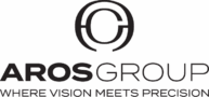 Logo AROS Group : icône circulaire noire au-dessus du texte "AROS Group" et du slogan "Where vision meets precision"