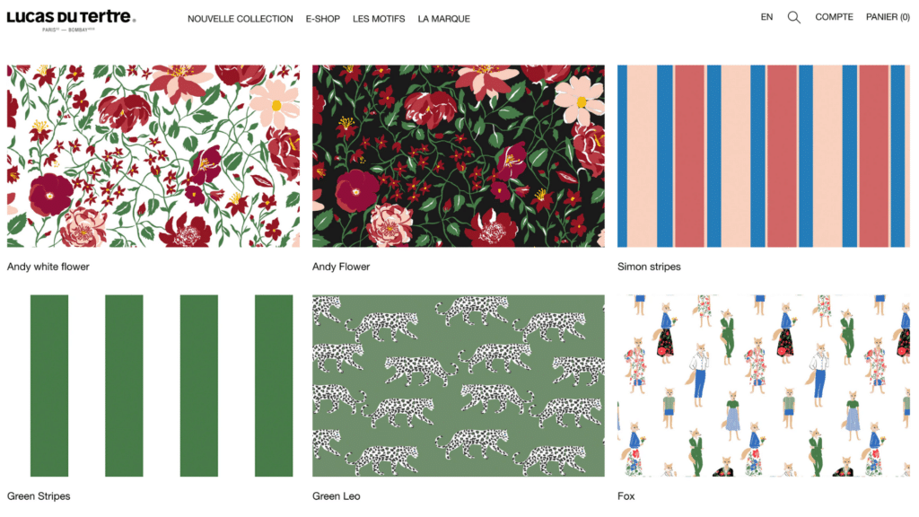 Capture d'écran du site Lucas du Tertre, page collection avec vignettes de motifs textiles : fleurs, rayures, léopard, illustrations de renards