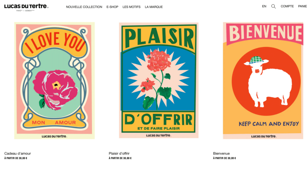 Capture d'écran de trois cartes illustrées Lucas du Tertre : rose avec "I love you", fleur rouge avec "Plaisir d'offrir", mouton avec "Bienvenue, keep calm and enjoy"