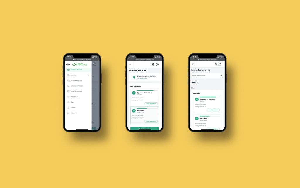 Trois smartphones affichant le tableau de bord et la liste des actions, fond jaune