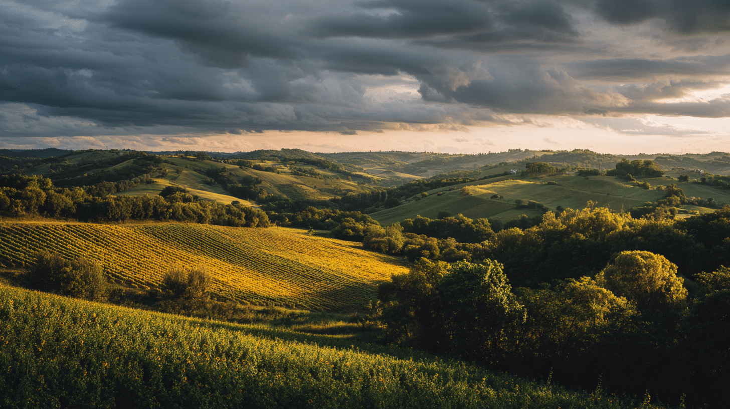 Vue aérienne de collines agricoles vallonnées avec lumière dorée du soir