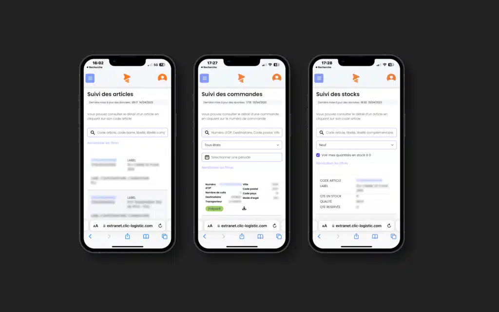 Trois smartphones affichant le suivi des articles, commandes et stocks