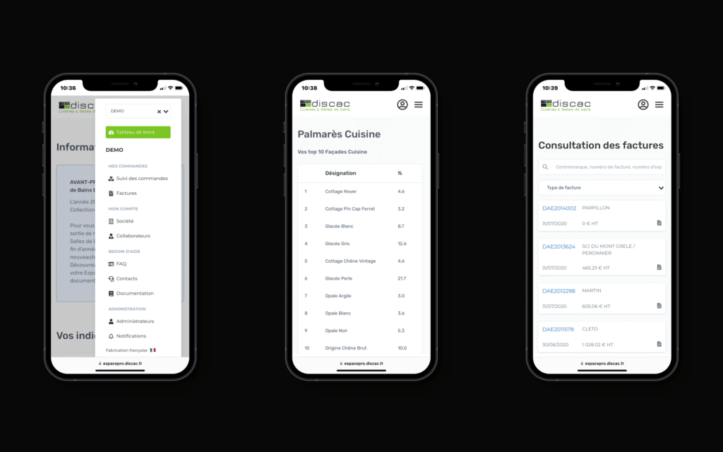 Trois smartphones affichant le palmarès cuisine, la consultation des factures et le menu de l'espace client Discac