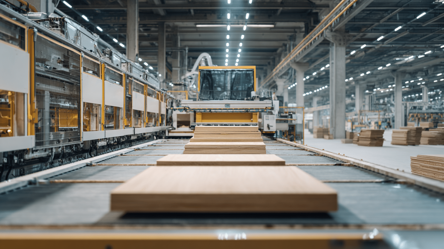 Ligne de production industrielle avec panneaux de bois sur convoyeur
