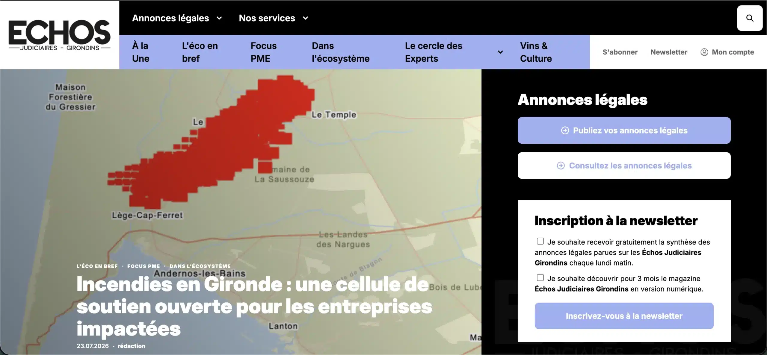 Page d'accueil avec carte de la zone incendiée en rouge et titre "Incendies en Gironde : une cellule de soutien ouverte pour les entreprises impactées"