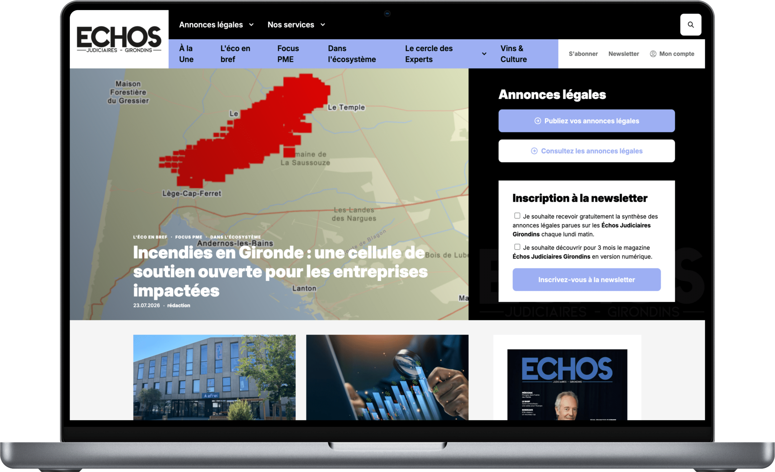 Ordinateur portable affichant la page d'accueil du site avec l'article sur les incendies en Gironde et le bloc annonces légales
