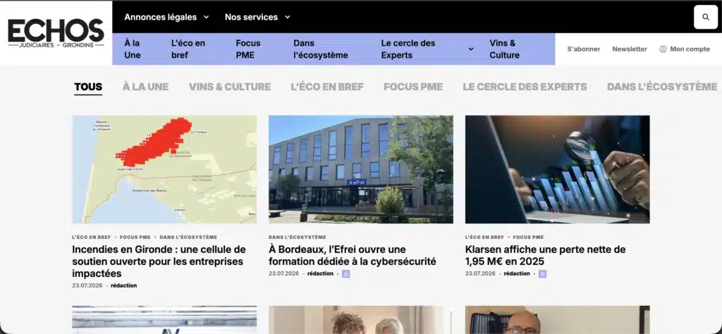 Grille d'articles avec onglets de catégories (À la Une, Vins & Culture, Focus PME...)