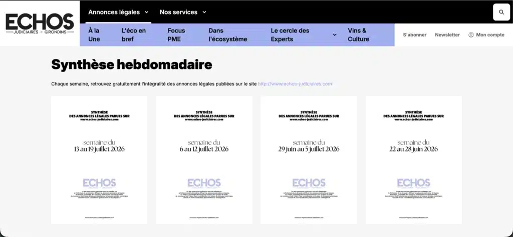 Page listant les synthèses hebdomadaires des annonces légales avec quatre couvertures PDF par semaine