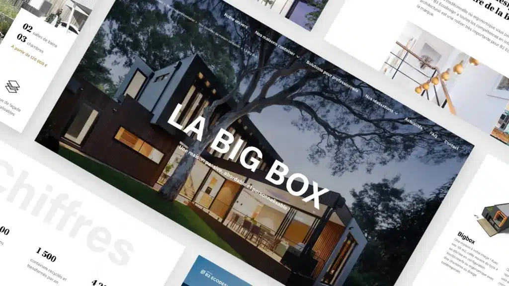 Page d'accueil La Big Box avec maison container sous un arbre, chiffres clés de production