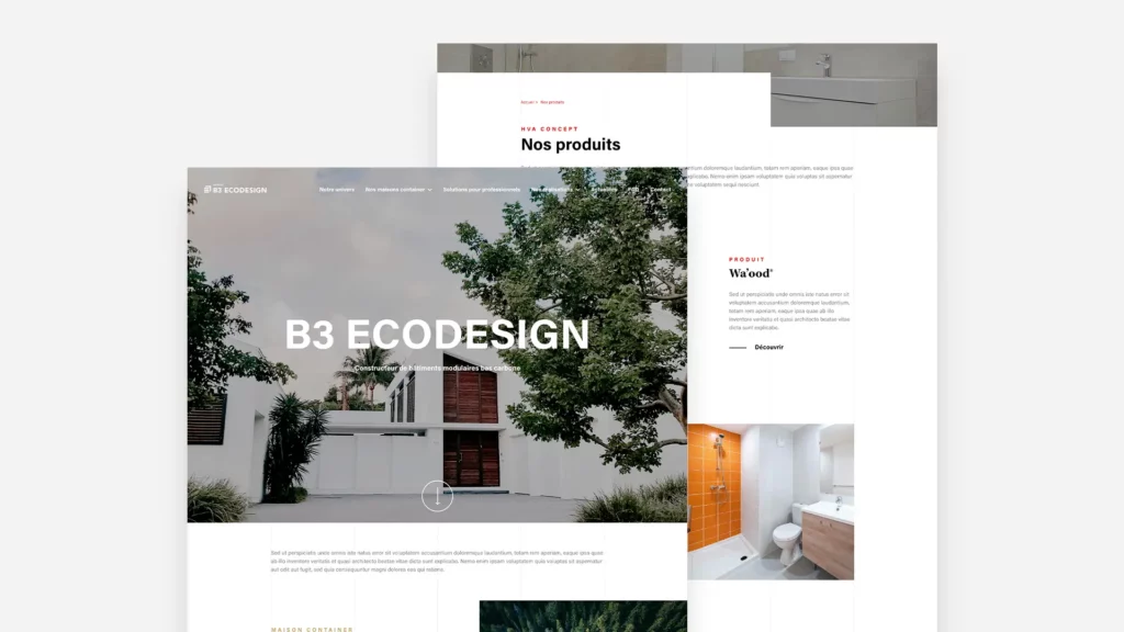 Pages du site B3 Ecodesign : maison container moderne en extérieur, catalogue produits salle de bains