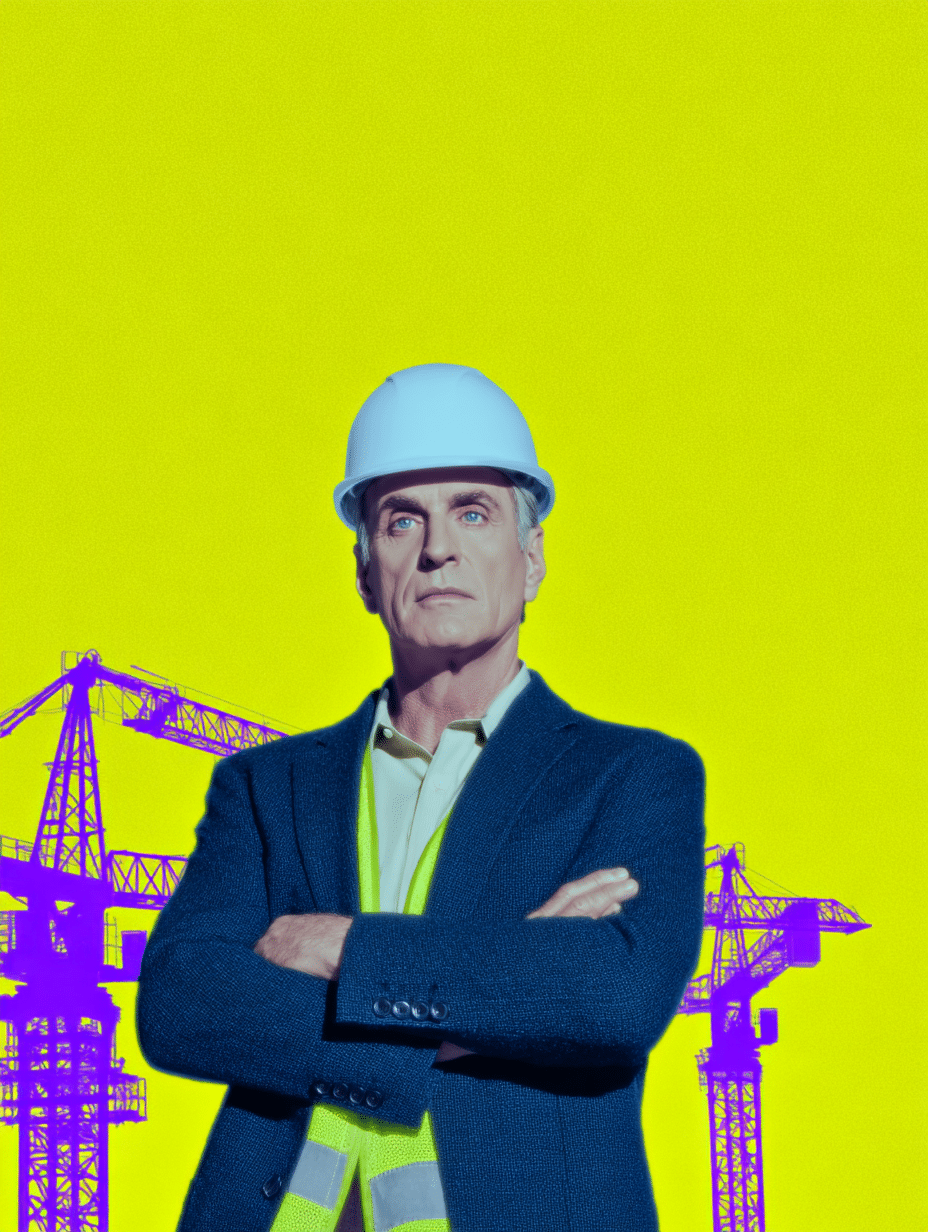 Homme en casque de chantier et gilet, bras croisés, grues violettes en arrière-plan, fond jaune
