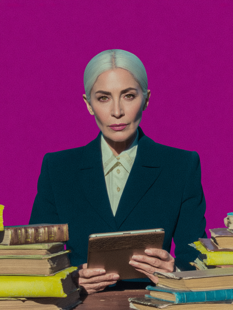 Femme aux cheveux argentés en costume, tenant une tablette, pile de livres anciens devant elle, fond magenta