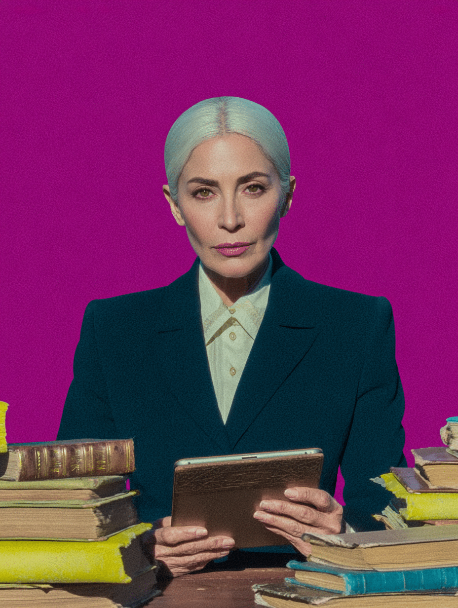 Femme aux cheveux argentés en costume, tenant une tablette, pile de livres anciens devant elle, fond magenta