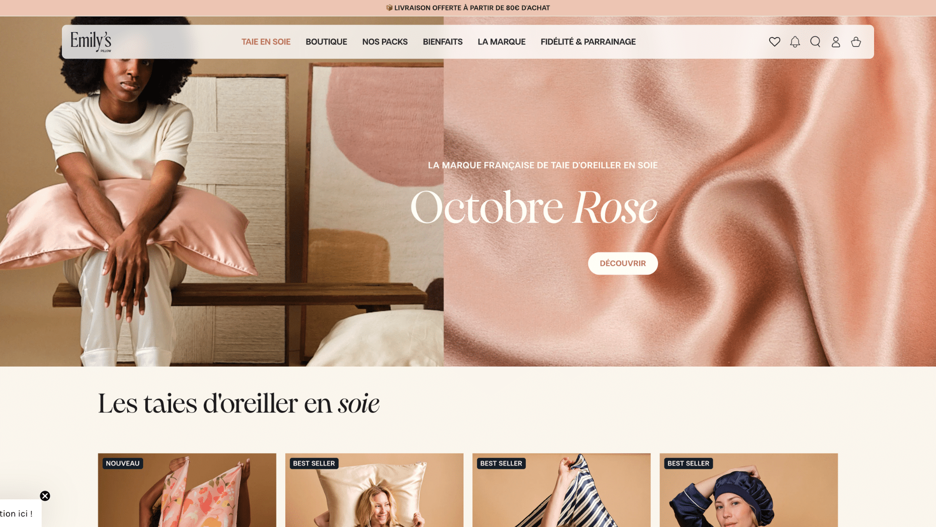 Page d'accueil avec bannière campagne Octobre Rose et taies d'oreiller en soie