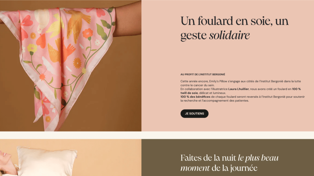 Bannières : foulard en soie solidaire et mise en avant nocturne des oreillers