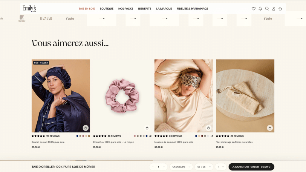 Section produits recommandés (bonnet, chouchou, masque de nuit) et fiche produit