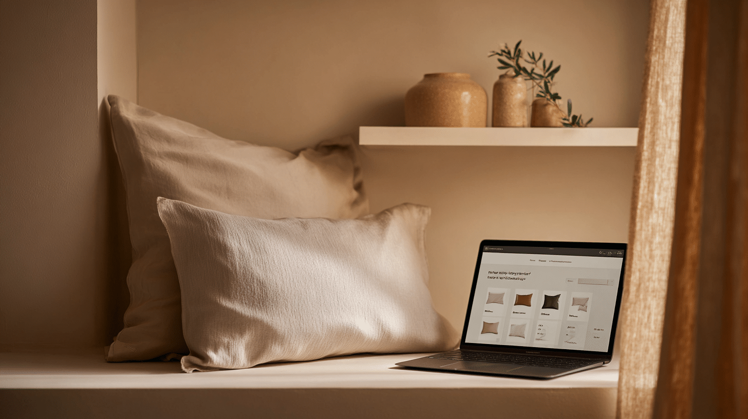 Oreillers en soie sur une étagère avec ordinateur portable affichant le site, ambiance chaleureuse