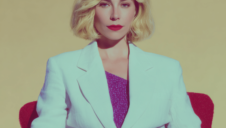 Femme assise en blazer menthe tenant une tablette, fond turquoise