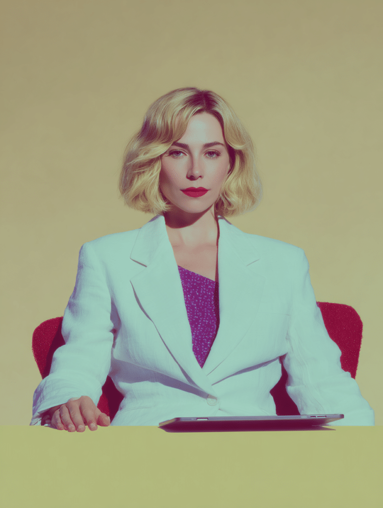 Femme assise en blazer menthe tenant une tablette, fond turquoise