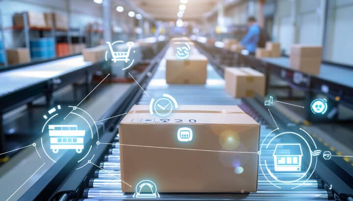 Carton sur un tapis roulant dans un entrepôt logistique, superposé d'icônes technologiques : chariot, horloge, maison connectée, robot, camion