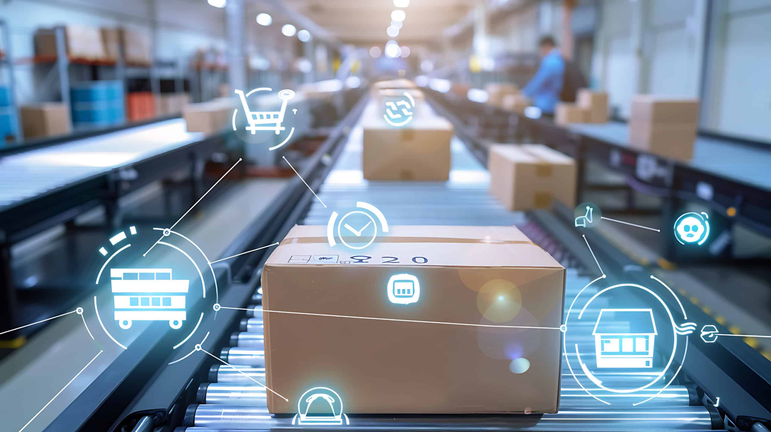 Carton sur un tapis roulant dans un entrepôt logistique, superposé d'icônes technologiques : chariot, horloge, maison connectée, robot, camion