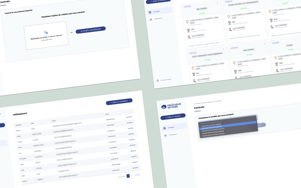 Collage : création de contrat, liste des contrats, gestion des utilisateurs