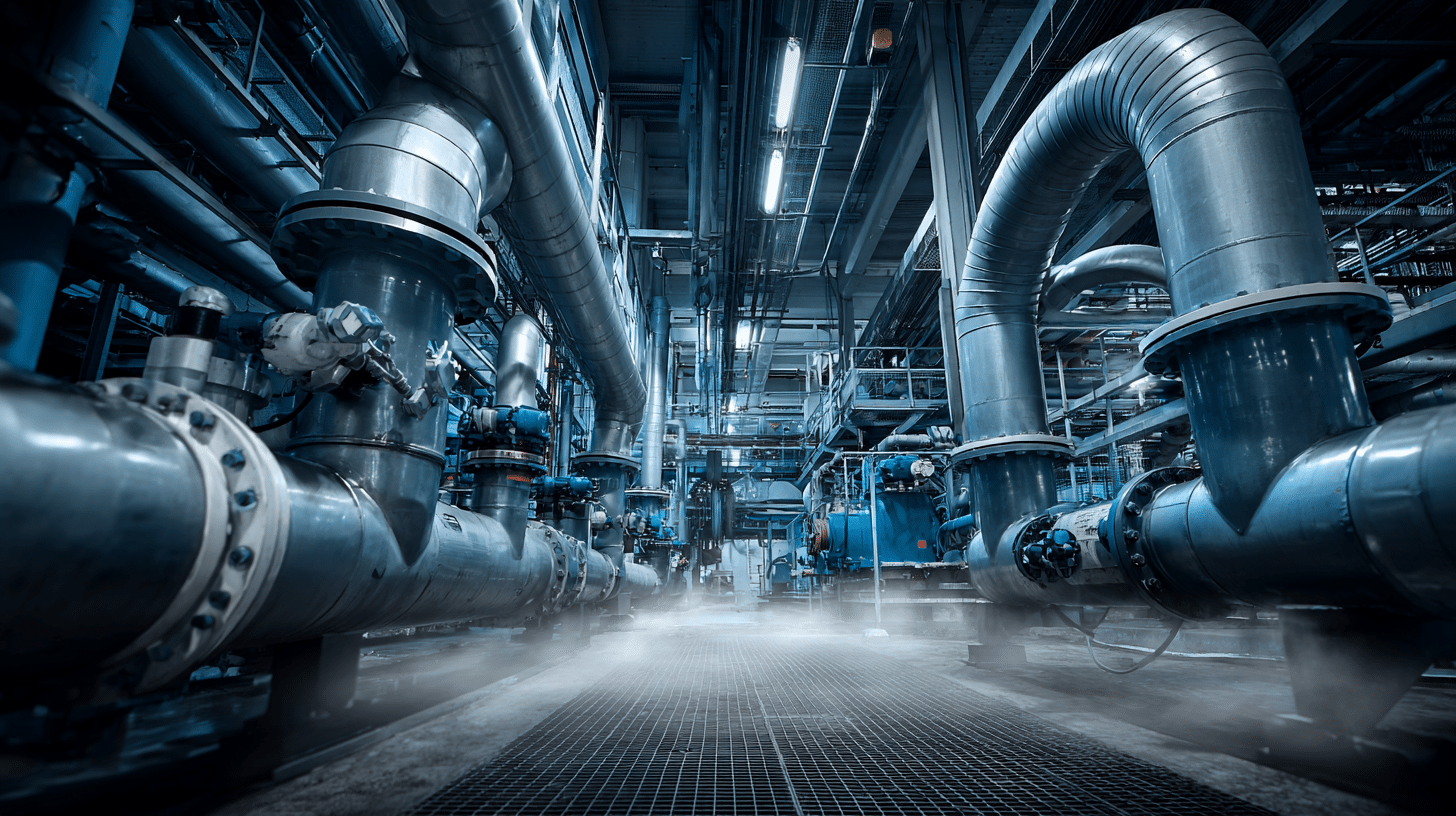 Intérieur d'usine avec tuyauterie industrielle métallique, éclairage bleuté