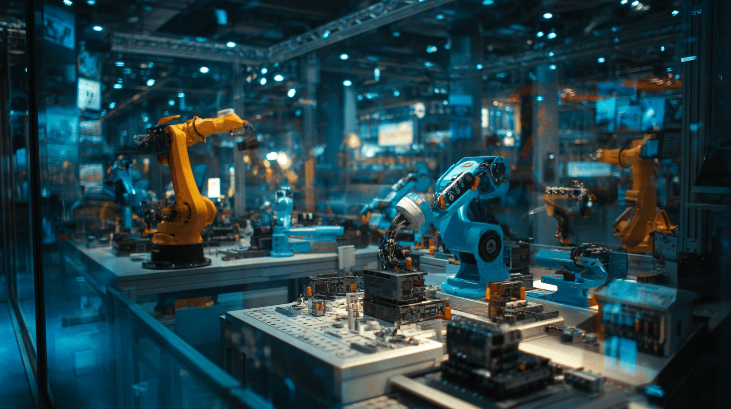 Bras robotiques industriels jaunes et bleus dans un atelier futuriste éclairé en bleu