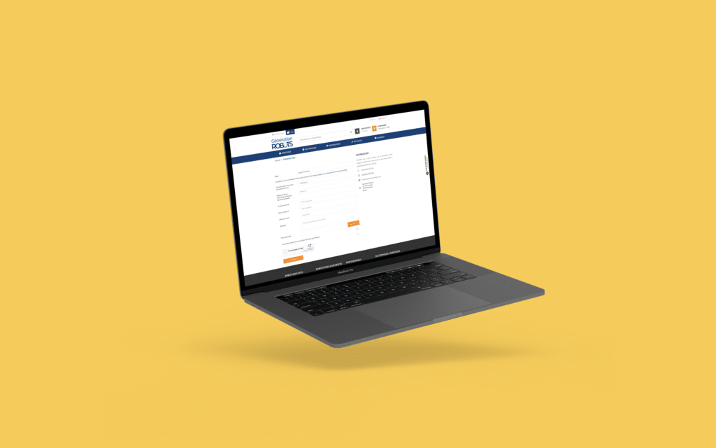 Ordinateur portable affichant le formulaire de contact, fond jaune