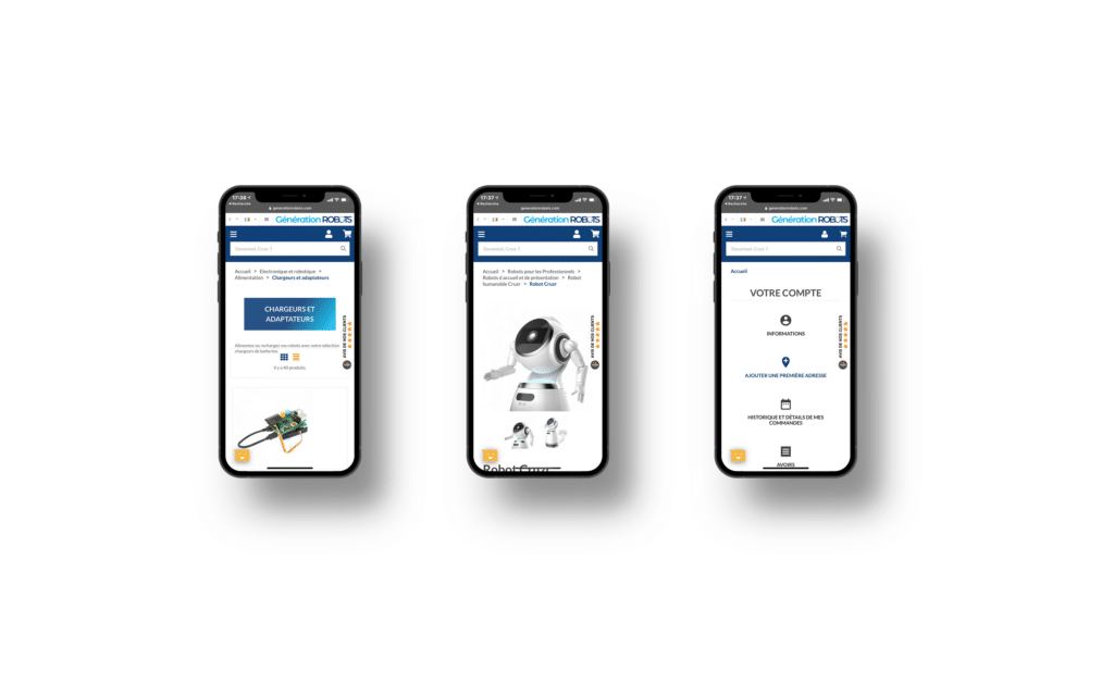 Trois smartphones affichant des pages produits et le compte client