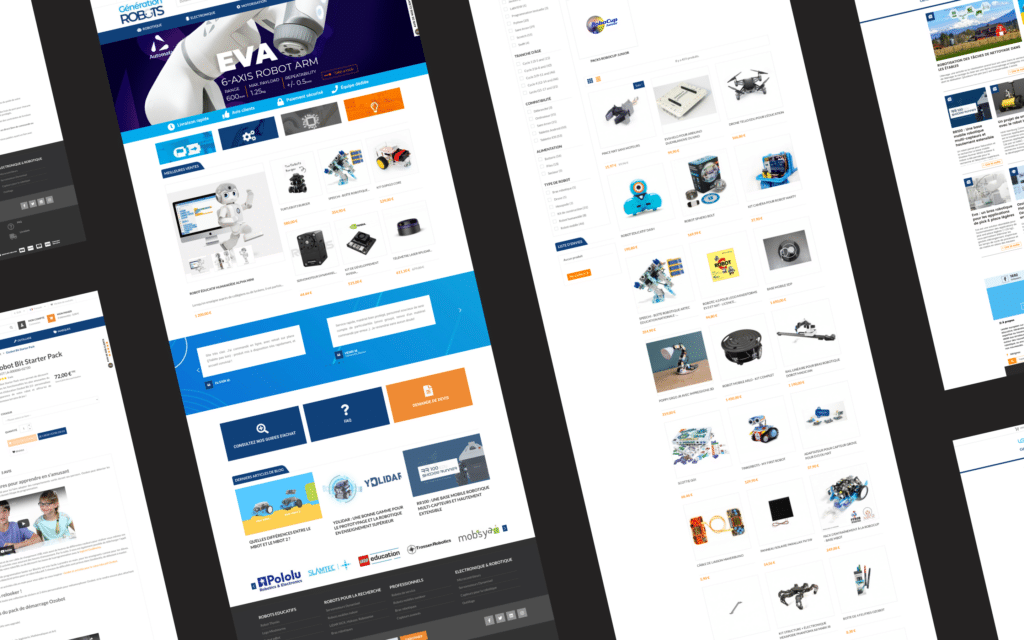 Collage de pages du site e-commerce : fiche produit robot Eva, catégories, kits robotiques