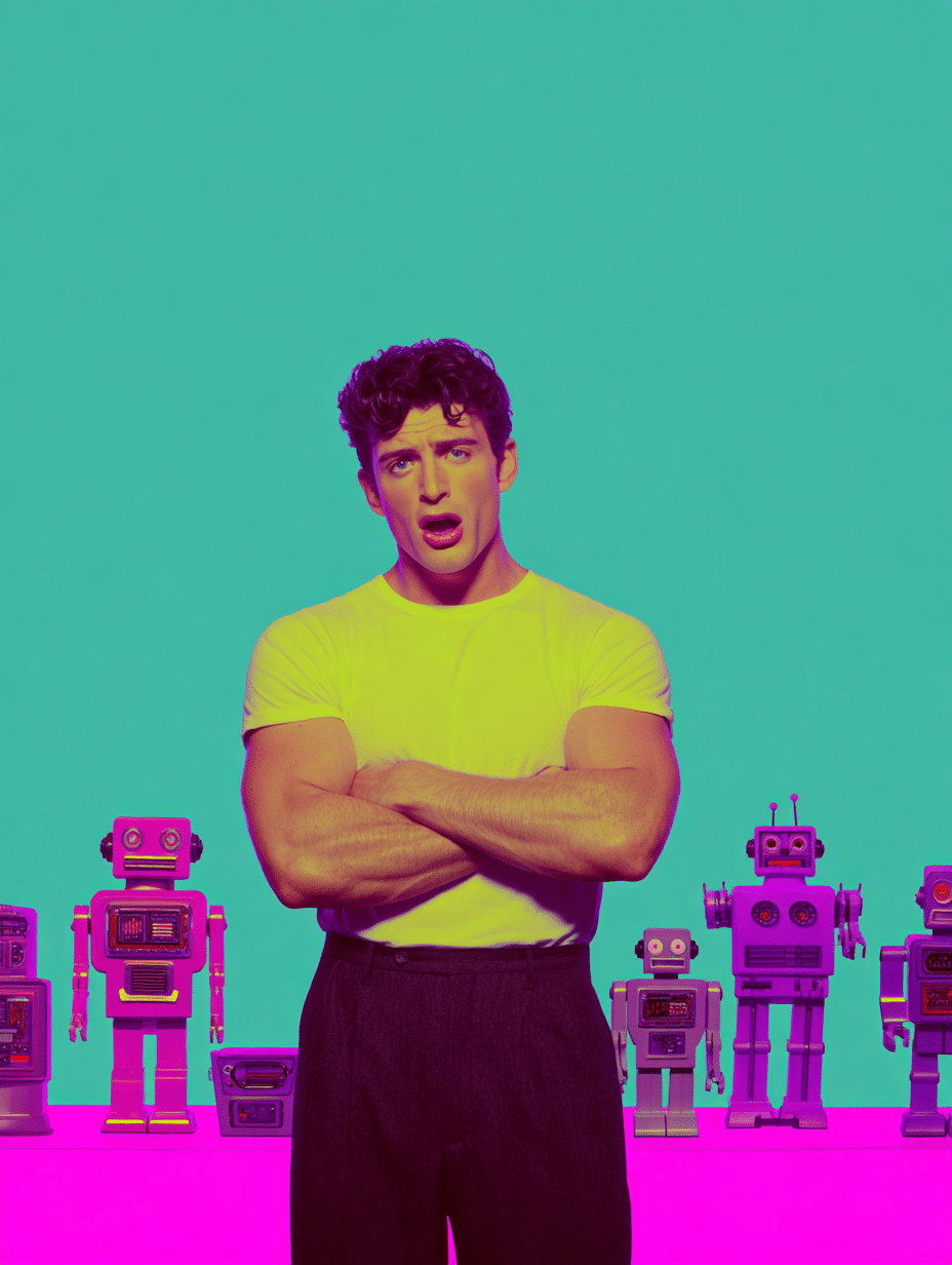 Homme en t-shirt jaune bras croisés devant des robots miniatures roses, fond turquoise