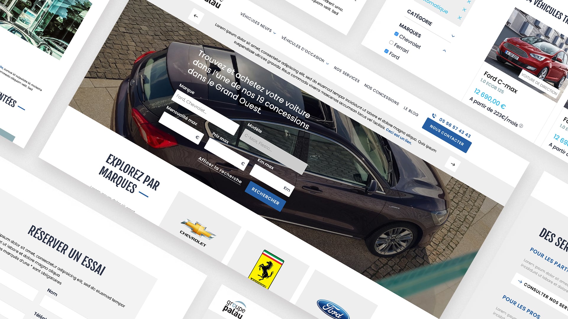 Page d'accueil du site Groupe Palau avec moteur de recherche de véhicules et catégories de marques