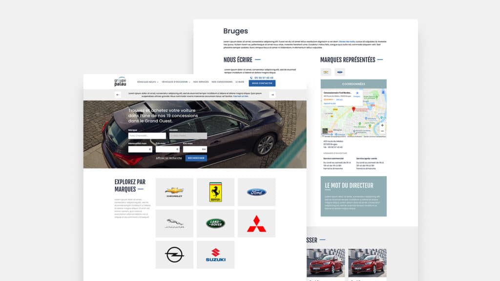 Pages du site Groupe Palau : recherche de véhicule par marque, fiche concession de Bruges avec carte
