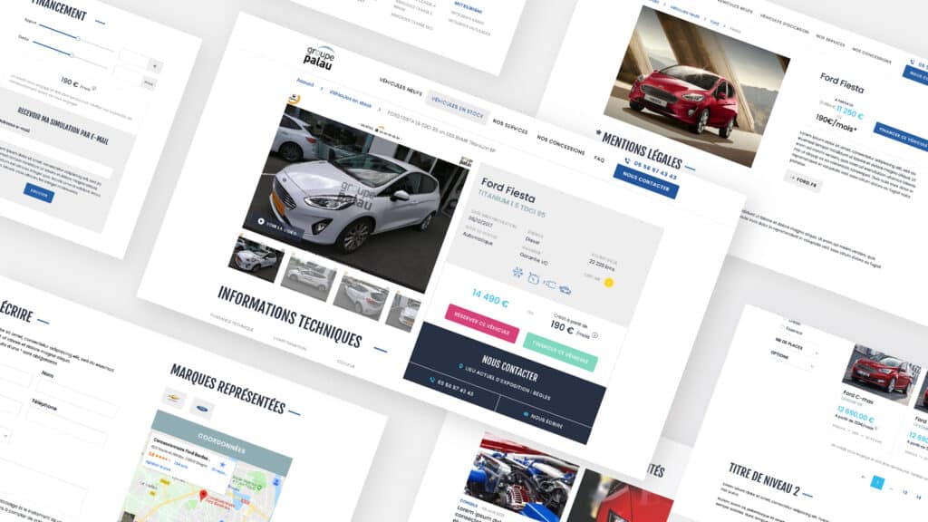 Collage de pages : simulateur de financement, fiche Ford Fiesta, mentions légales