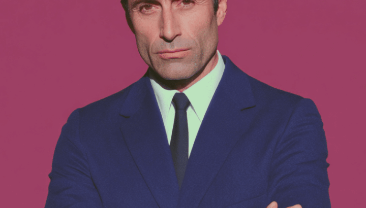 Homme en costume bleu, bras croisés, fond magenta