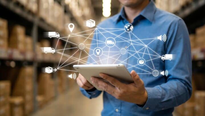 Homme tenant une tablette dans un entrepôt, superposition d'icônes logistiques (camions, colis, géolocalisation)
