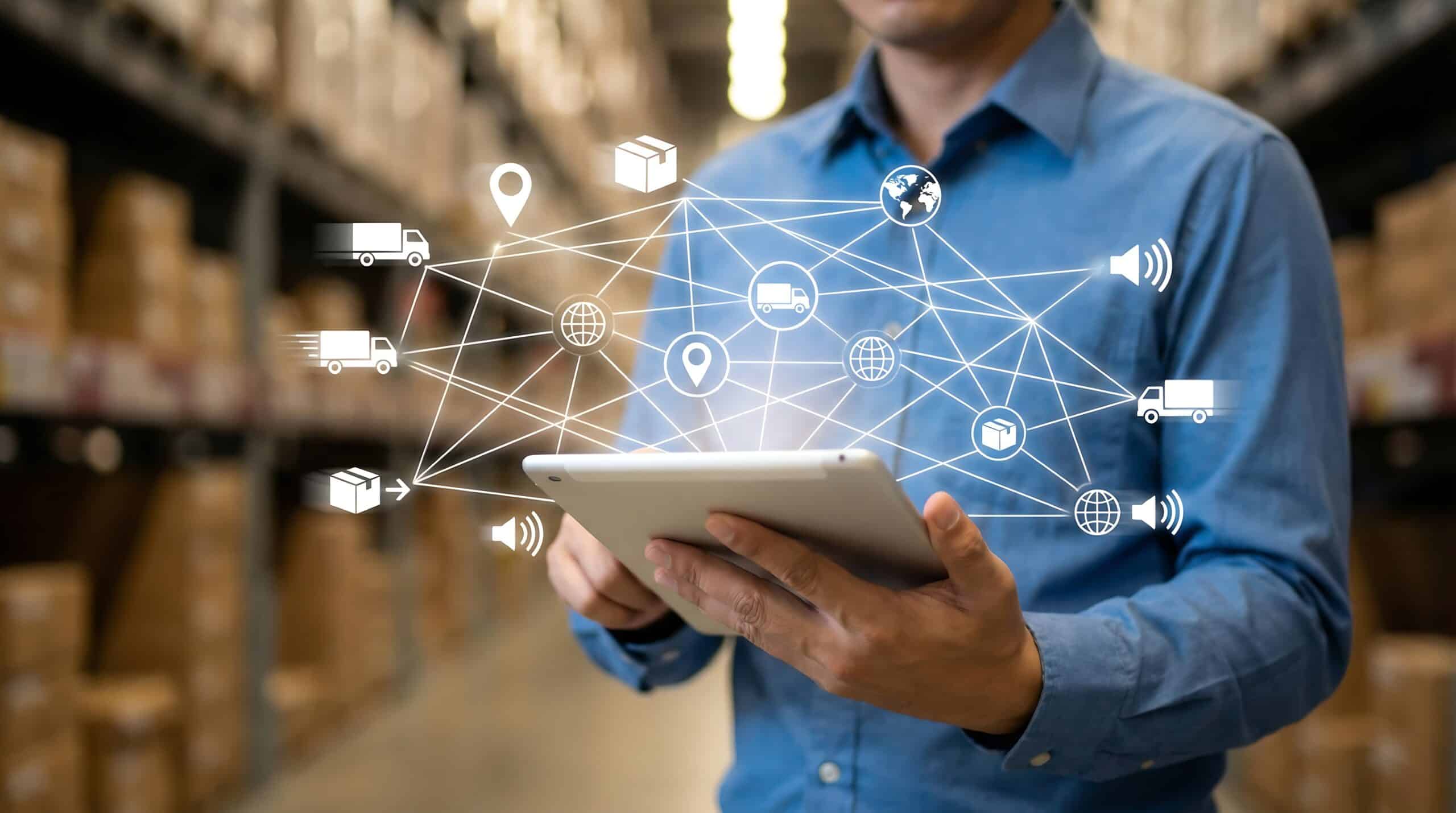 Homme tenant une tablette dans un entrepôt, superposition d'icônes logistiques (camions, colis, géolocalisation)