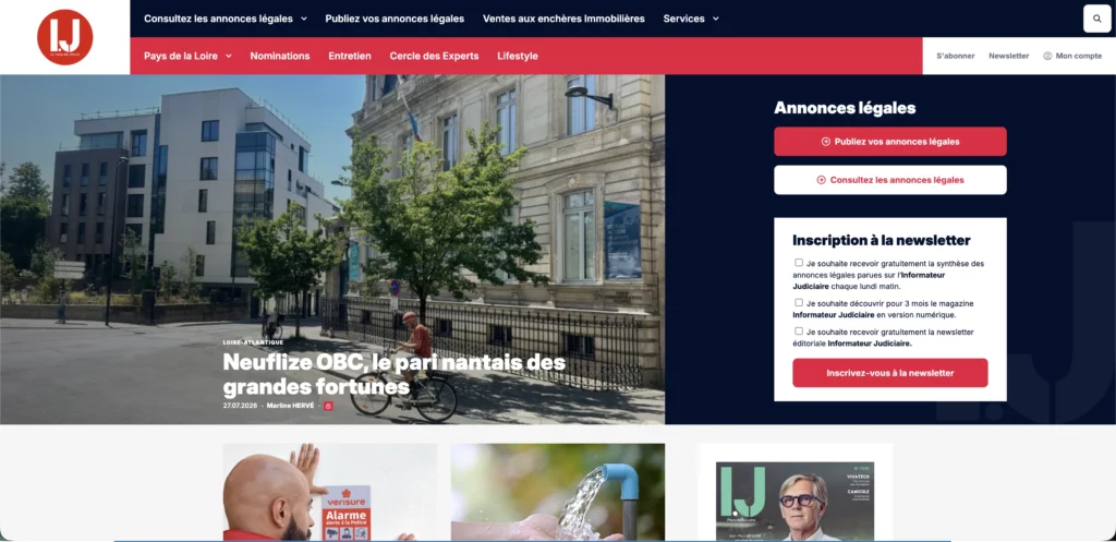 Page d'accueil de l'Informateur Judiciaire avec article sur Neuflize OBC à Nantes et bloc annonces légales